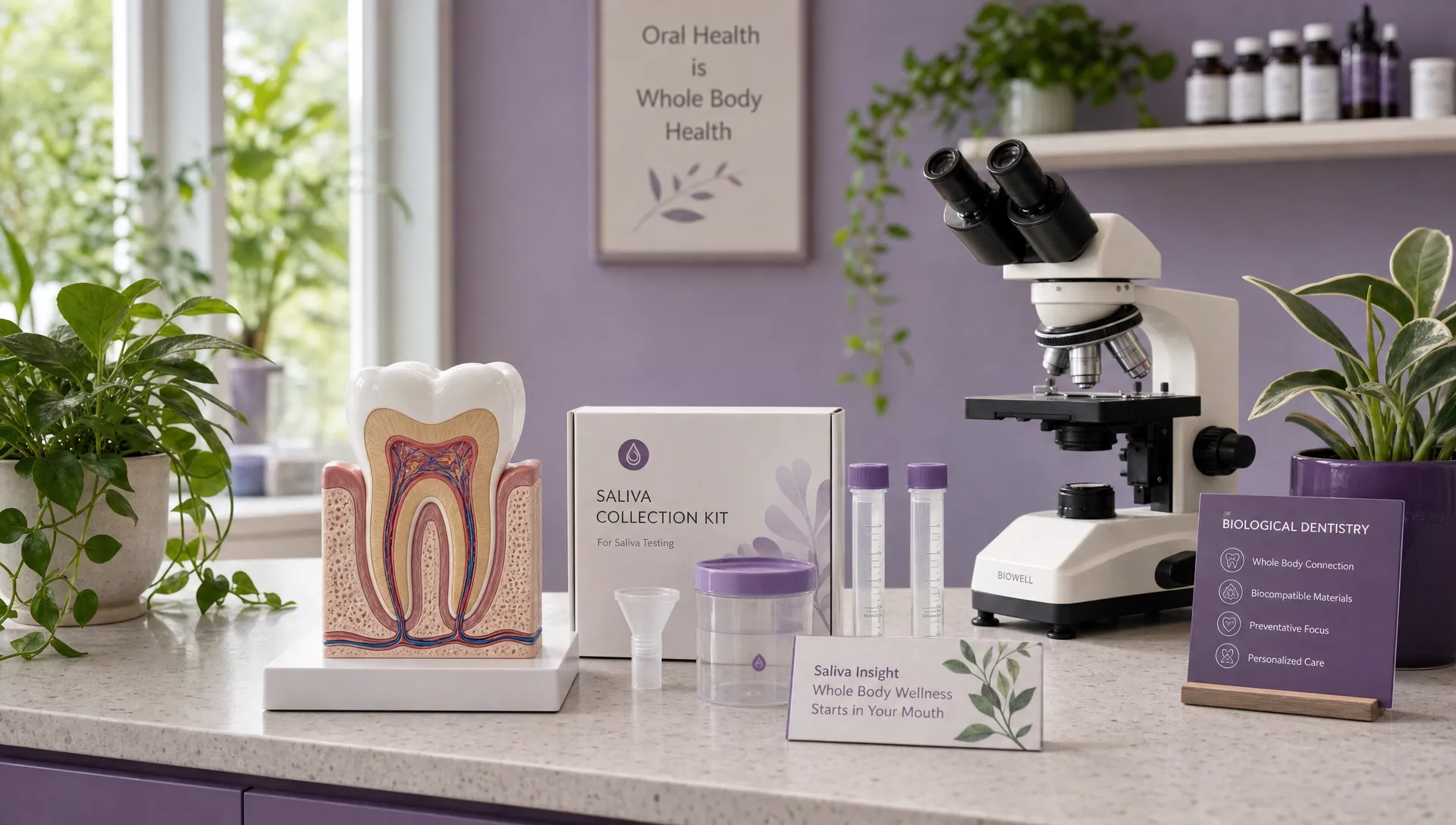 A calm biological dental wellness setting with a tooth model, saliva testing materials, a small microscope, and green plants on a clean counter, suggesting a whole-body approach to oral health.