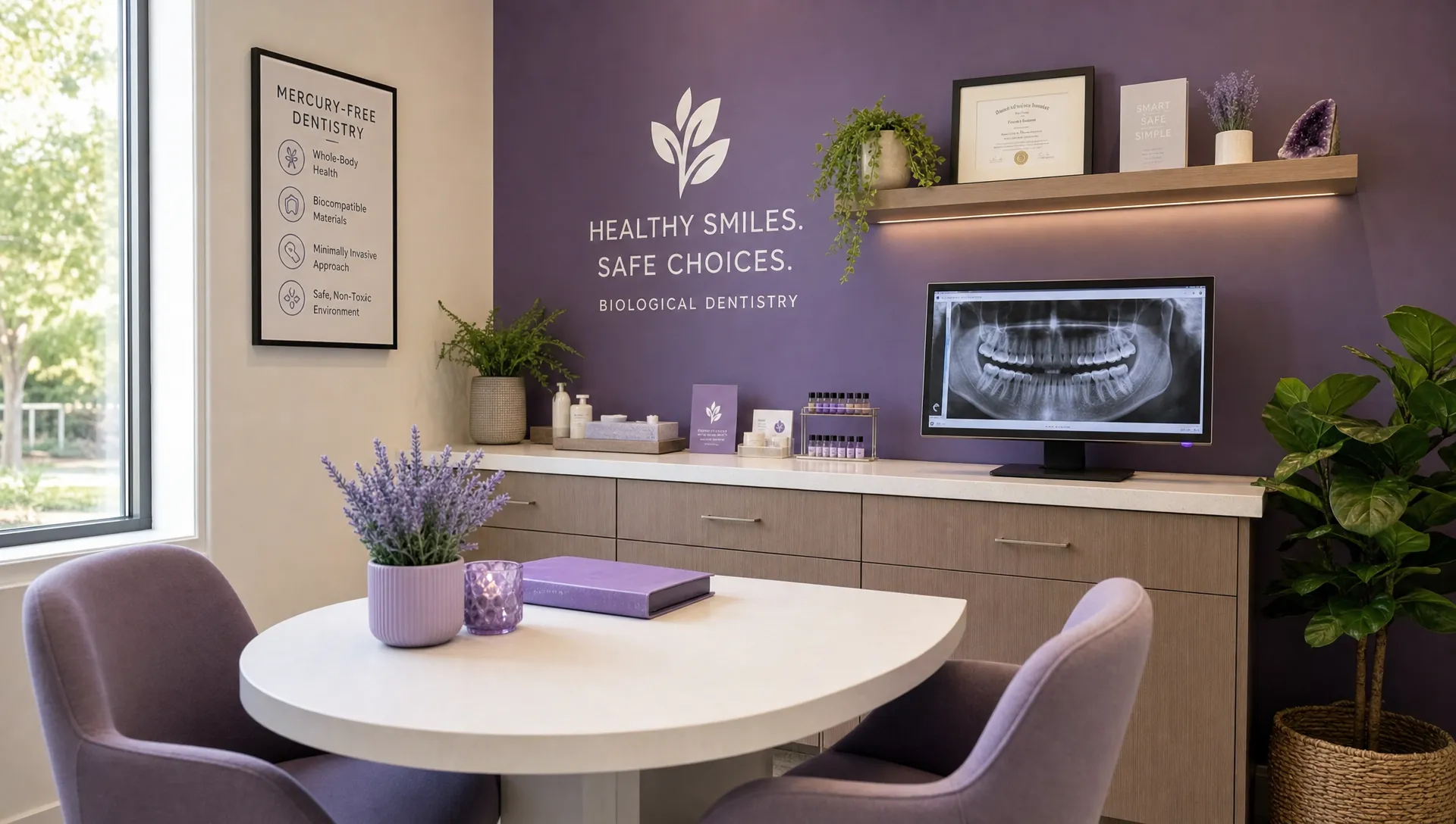A calm dental consultation area with natural light, organized diagnostic tools, dental materials arranged neatly, and a welcoming environment designed for low-toxicity patient care.