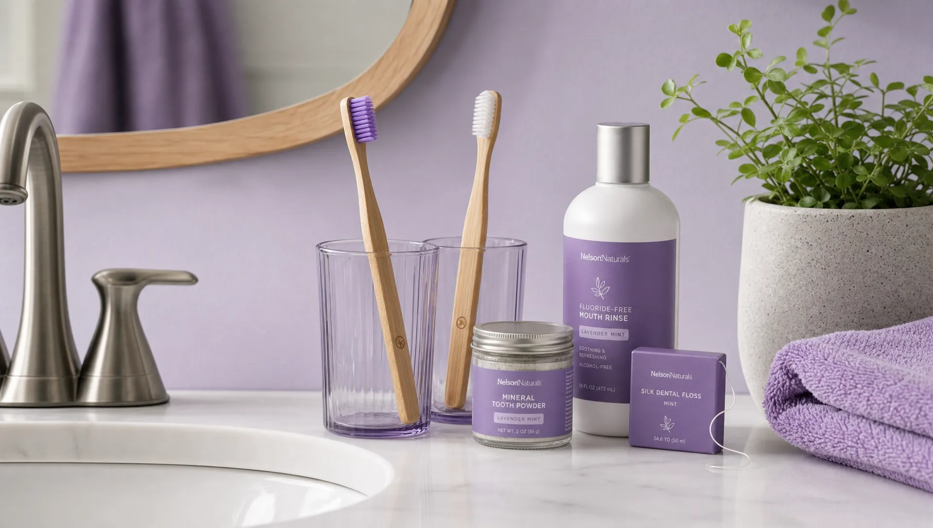 A clean family bathroom sink counter with bamboo toothbrushes, glass rinse cups, floss, and simple fluoride-free oral care products arranged neatly beside a small plant.
