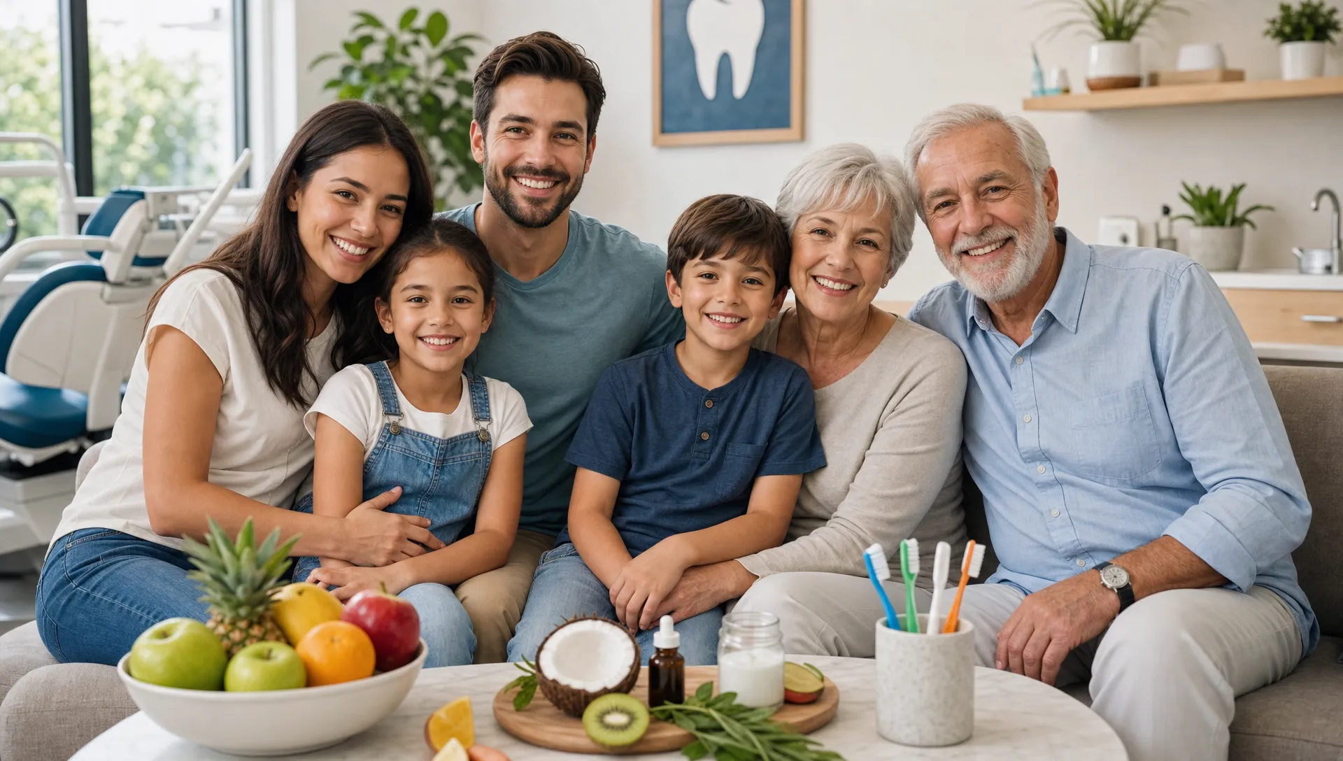 A multigenerational family sitting together in a bright dental wellness office, with natural dental care items, fresh fruit, and toothbrushes on a nearby table to represent whole-body family oral health.