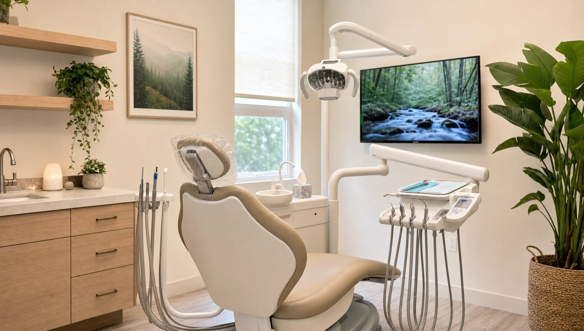 A calm holistic dental treatment room with soft lighting, a comfortable dental chair, natural decor, and neatly arranged dental instruments that create a peaceful atmosphere for anxious patients.