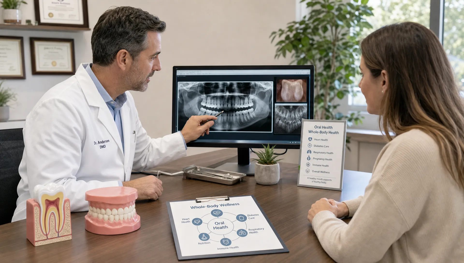 A calm consultation scene where a dentist reviews oral health findings with a patient at a desk, with dental models, diagnostic images, and wellness notes arranged nearby to represent whole-body dental care.