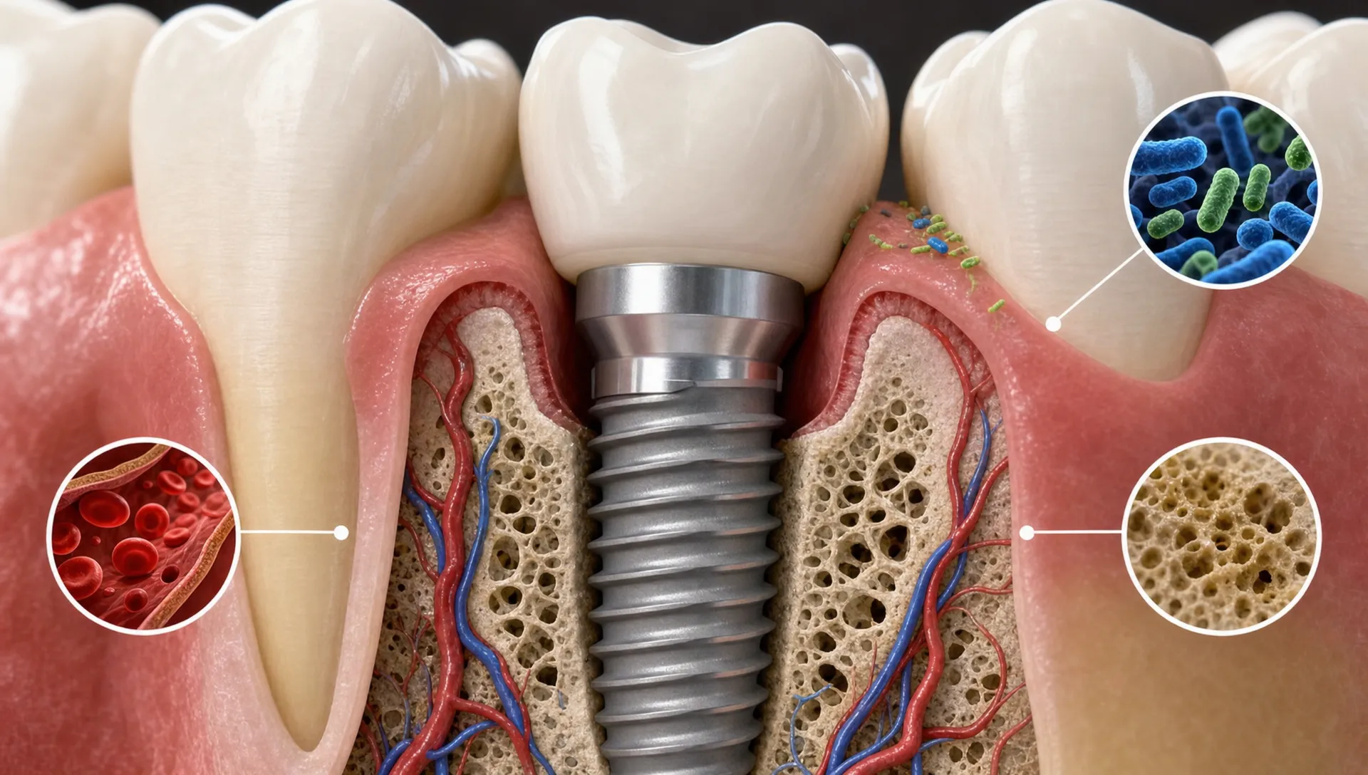 A close-up cross-section view of a dental implant integrated into healthy jawbone, with surrounding gum tissue and simple cues for bone support, blood flow, nutrition, and oral bacteria as factors in healing.