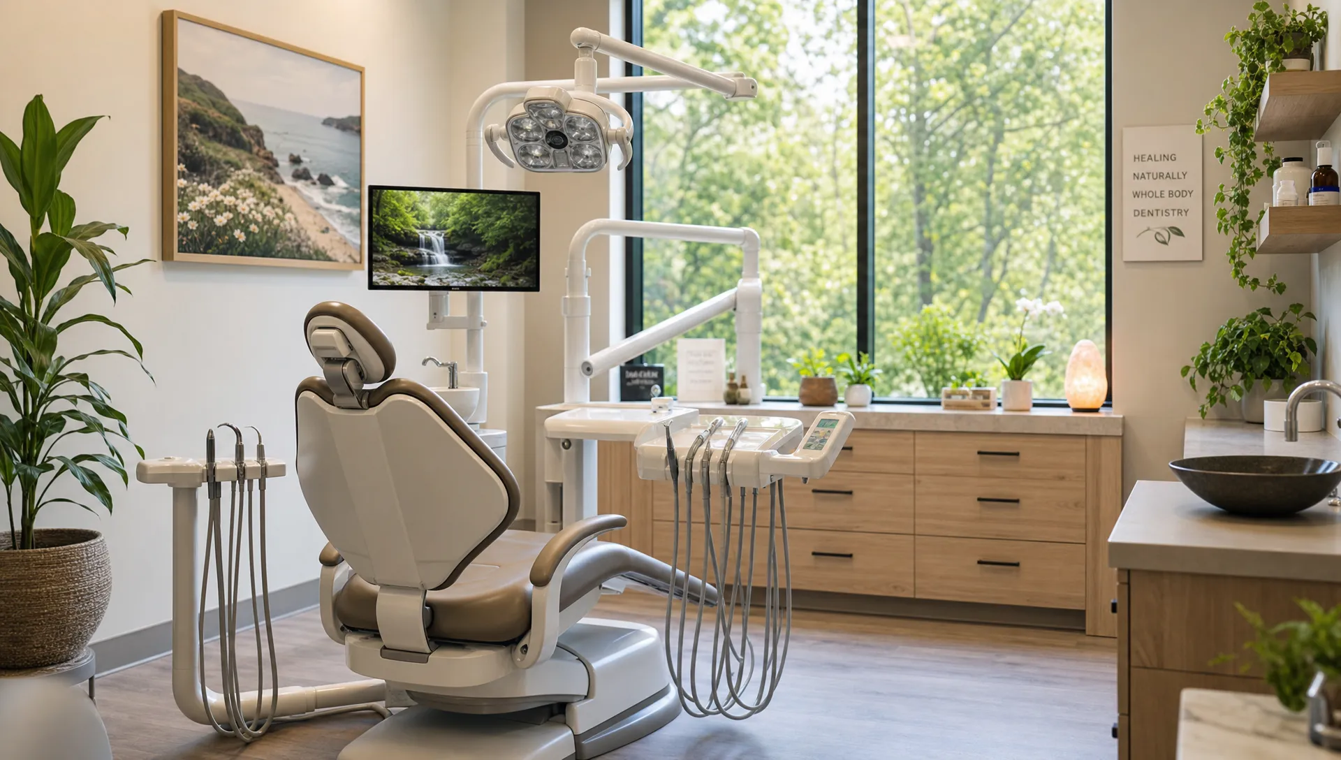 A calm holistic dental treatment room with natural light, a dental chair, organized instruments, plants, and wellness-focused details that suggest biological dentistry and patient-centered care.