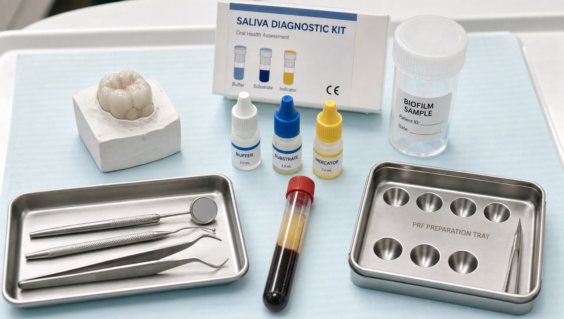 A clean clinical tray with a ceramic dental restoration, salivary diagnostic kit, biofilm sample container, and PRF preparation tools arranged neatly for a treatment review.
