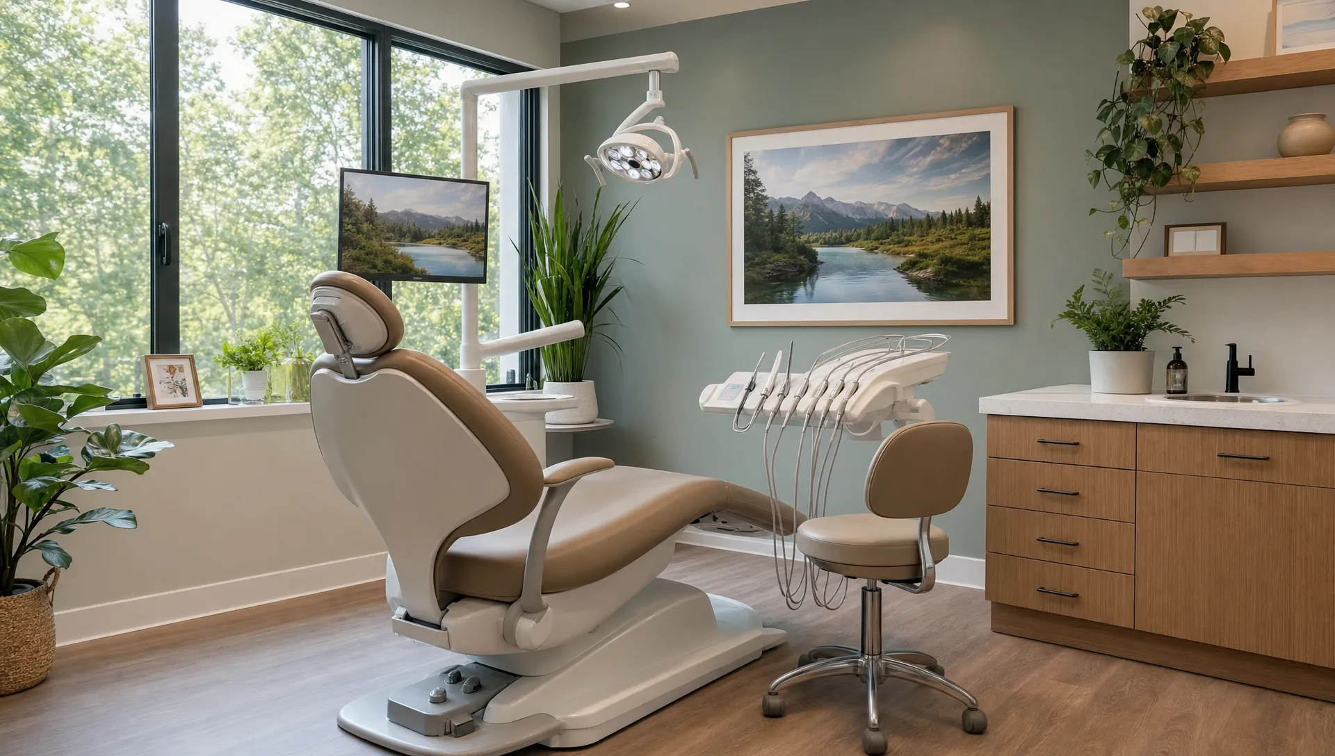 A calm modern dental treatment room with natural light, clean instruments, plants, and a comfortable dental chair, suggesting a holistic and patient-centered environment.